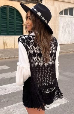 Gehaakt Gilet Fringe Zwart