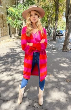 Gestreept Midi Vest Roze Oranje -Kleding Promotie Winkel Gestreept Midi Vest Roze Rood 1 586x900 1