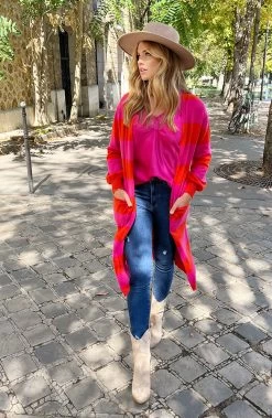 Gestreept Midi Vest Roze Oranje -Kleding Promotie Winkel Gestreept Midi Vest Roze Rood 6 586x900 1