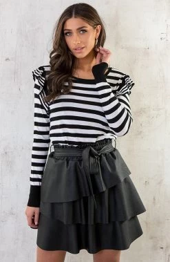 Gestreepte Ruffle Top Zwart Wit