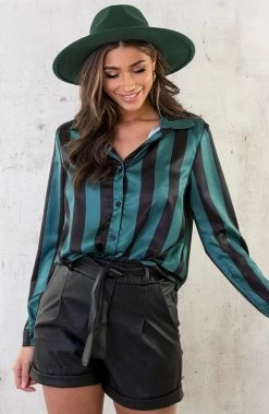 Gestreepte Schoudervulling Blouse Smaragd -Kleding Promotie Winkel Gestreepte Schoudervulling Blouse Smaragd 2 586x900 1
