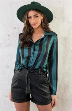 Gestreepte Schoudervulling Blouse Smaragd -Kleding Promotie Winkel Gestreepte Schoudervulling Blouse Smaragd 4 586x900 1