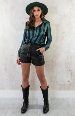 Gestreepte Schoudervulling Blouse Smaragd -Kleding Promotie Winkel Gestreepte Schoudervulling Blouse Smaragd 5 586x900 1