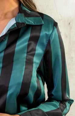 Gestreepte Schoudervulling Blouse Smaragd -Kleding Promotie Winkel Gestreepte Schoudervulling Blouse Smaragd 6 586x900 1