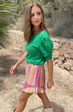 Aztec Multicolor Skort -Kleding Promotie Winkel Hartjes Knitted Pofmouwen Top Bright Green 586x900 3