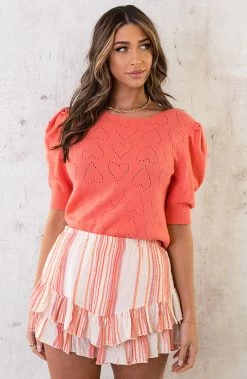Hartjes Knitted Pofmouwen Top Koraal -Kleding Promotie Winkel Hartjes Knitted Pofmouwen Top Koraal 2 586x900 2