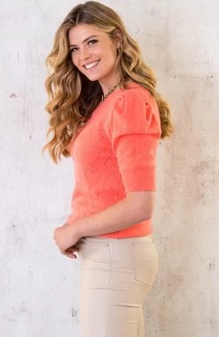 Hartjes Knitted Pofmouwen Top Koraal -Kleding Promotie Winkel Hartjes Knitted Pofmouwen Top Koraal 3 586x900 3