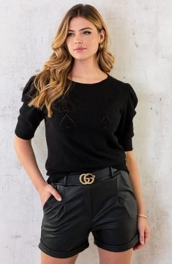 Musthave Deal Hartjes Knitted Pofmouwen Tops -Kleding Promotie Winkel Hartjes Knitted Pofmouwen Top Zwart 2 586x900 3
