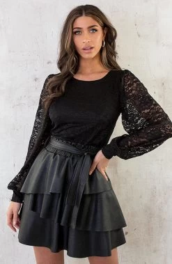 Kanten Pofmouwen Sleeve Zwart