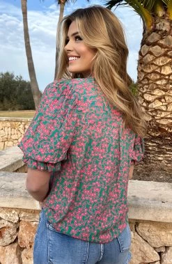 Katoenen Bloemen Print Blouse Groen Roze -Kleding Promotie Winkel Katoenen Bloemen Print Blouse Groen Roze 4 586x900 1