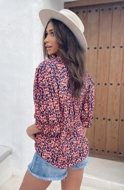 Katoenen Bloemen Print Blouse Marine Oranje -Kleding Promotie Winkel Katoenen Bloemen Print Blouse Marine Oranje 2 586x900 1