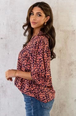 Katoenen Bloemen Print Blouse Marine Oranje -Kleding Promotie Winkel Katoenen Bloemen Print Blouse Marine Oranje 2 586x900 2