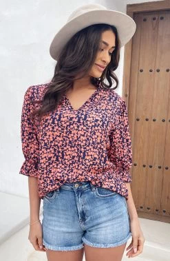 Katoenen Bloemen Print Blouse Marine Oranje -Kleding Promotie Winkel Katoenen Bloemen Print Blouse Marine Oranje 4 586x900 1