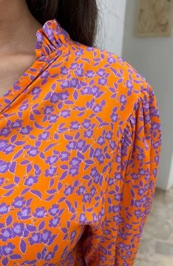 Katoenen Bloemen Print Blouse Oranje Lila -Kleding Promotie Winkel Katoenen Bloemen Print Blouse Oranje Lila close 586x900 1