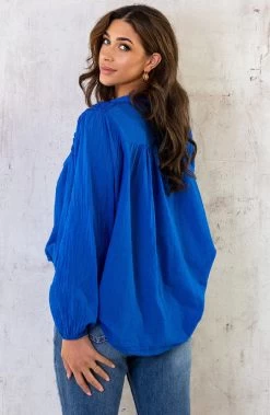 Katoenen Oversized Detail Blouse Kobalt -Kleding Promotie Winkel Katoenen Oversized Detail Blouse Kobalt 4 586x900 1