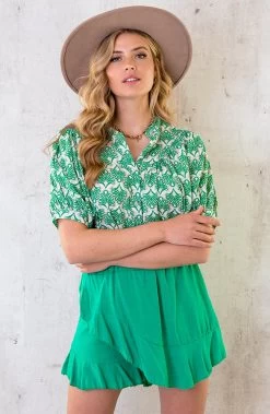 Katoenen Pofmouw Blouse Leaves Beige Groen -Kleding Promotie Winkel Katoenen Pofmouw Blouse Leaves Beige Groen 1 586x900 1