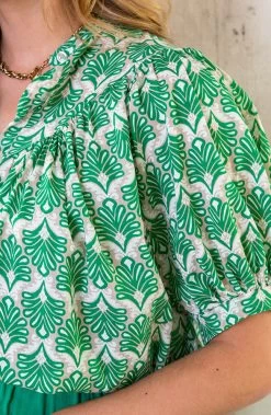 Katoenen Pofmouw Blouse Leaves Beige Groen -Kleding Promotie Winkel Katoenen Pofmouw Blouse Leaves Beige Groen 2 586x900 1