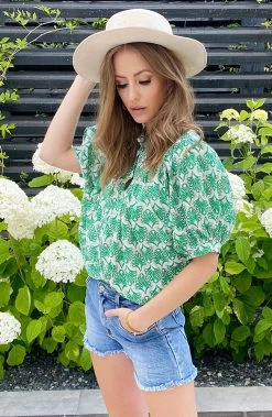 Katoenen Pofmouw Blouse Leaves Beige Groen -Kleding Promotie Winkel Katoenen Pofmouw Blouse Leaves Beige Groen 586x900 2