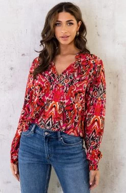 Katoenen Print Set Multicolor -Kleding Promotie Winkel Katoenen V hals Print Blouse Fuchsia Zwart 3 586x900 2