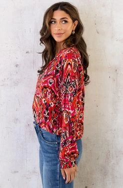 Katoenen V-hals Print Blouse Multicolor -Kleding Promotie Winkel Katoenen V hals Print Blouse Fuchsia Zwart 6 586x900 1