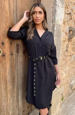 Oversized Blouse Jurk Zwart -Kleding Promotie Winkel Knopen Jurk Zwart 2 586x900 1