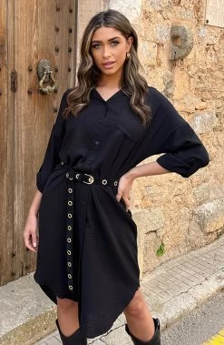 Oversized Blouse Jurk Zwart -Kleding Promotie Winkel Knopen Jurk Zwart 5 586x900 1