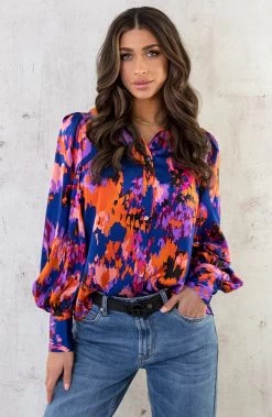 Knopen Print Blouse Kobalt Oranje -Kleding Promotie Winkel Knopen Print Blouse Kobalt Oranje 1 586x900 2