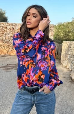 Knopen Print Blouse Kobalt Oranje -Kleding Promotie Winkel Knopen Print Blouse Kobalt Oranje 3 586x900 1