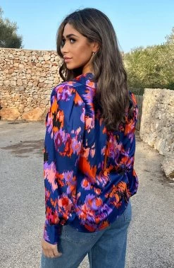 Knopen Print Blouse Kobalt Oranje -Kleding Promotie Winkel Knopen Print Blouse Kobalt Oranje 4 586x900 1