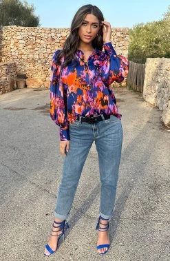 Knopen Print Blouse Kobalt Oranje -Kleding Promotie Winkel Knopen Print Blouse Kobalt Oranje 6 586x900 1