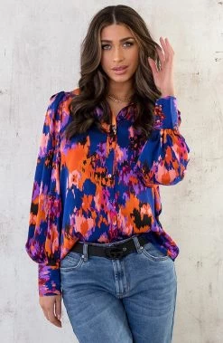 Knopen Print Blouse Kobalt Oranje -Kleding Promotie Winkel Knopen Print Blouse Kobalt Oranje 7 586x900 1