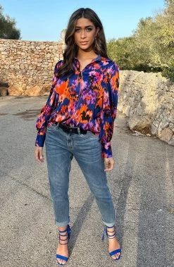 Knopen Print Blouse Kobalt Oranje -Kleding Promotie Winkel Knopen Print Blouse Kobalt Oranje 8 586x900 1