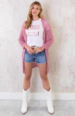 More Amour Metallic Top Rose -Kleding Promotie Winkel Lang Lurex Vest Roze 4 586x900 1