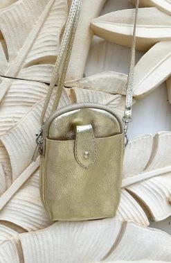 Leren Telefoon Tasje Metallic Goud