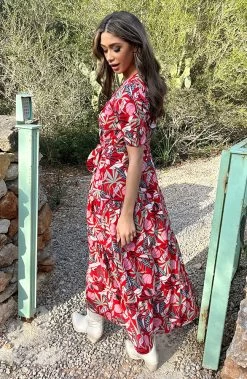 Maxi Jurk Leaves Rood Groen -Kleding Promotie Winkel Maxi Jurk Leaves Rood 1 586x900 1