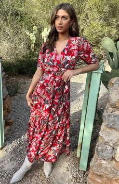 Maxi Jurk Leaves Rood Groen