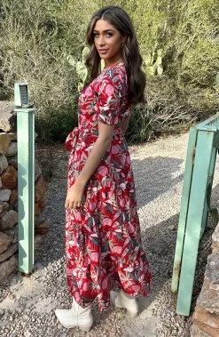 Maxi Jurk Leaves Rood Groen -Kleding Promotie Winkel Maxi Jurk Leaves Rood 4 586x900 1
