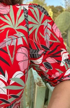 Maxi Jurk Leaves Rood Groen -Kleding Promotie Winkel Maxi Jurk Leaves Rood close 586x900 1