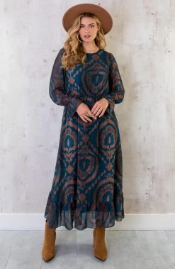 Maxi Ruffle Jurk Print Bruin Petrol