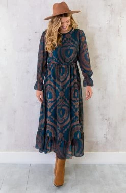 Maxi Ruffle Jurk Print Bruin Petrol -Kleding Promotie Winkel Maxi Jurk Ruffle Print Bruin Petrol 5 586x900 1