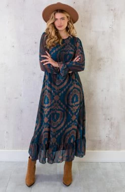 Maxi Ruffle Jurk Print Bruin Petrol -Kleding Promotie Winkel Maxi Jurk Ruffle Print Bruin Petrol 7 586x900 1