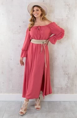 Maxi Off Shoulder Ruffle Jurk Dust Roze
