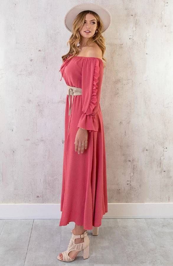Maxi Off Shoulder Ruffle Jurk Dust Roze 6 Maxi Off Shoulder Ruffle Jurk Dust Roze - Afbeelding 4