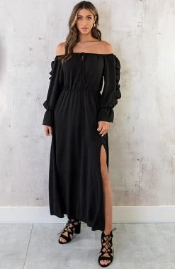 Maxi Off Shoulder Ruffle Jurk Zwart