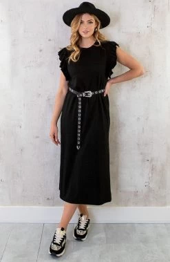 Maxi Split Jurk Ruffle Zwart -Kleding Promotie Winkel Maxi Split Jurk Ruffle Zwart 1 586x900 2