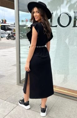 Maxi Split Jurk Ruffle Zwart -Kleding Promotie Winkel Maxi Split Jurk Ruffle Zwart 7 586x900 1