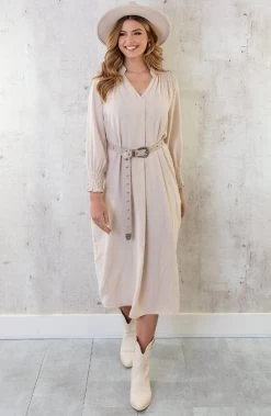 Maxi V-Hals Jurk Beige -Kleding Promotie Winkel Maxi V Hals Jurk Beige 3 586x900 1