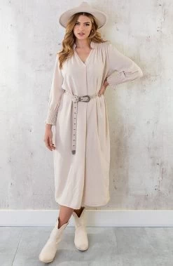 Maxi V-Hals Jurk Beige -Kleding Promotie Winkel Maxi V Hals Jurk Beige 5 586x900 1