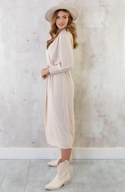 Maxi V-Hals Jurk Beige -Kleding Promotie Winkel Maxi V Hals Jurk Beige 6 586x900 1