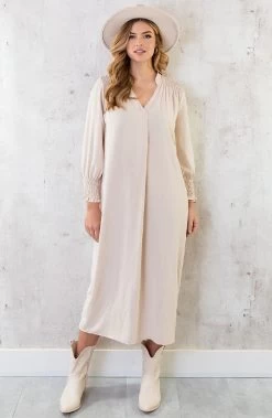 Maxi V-Hals Jurk Beige